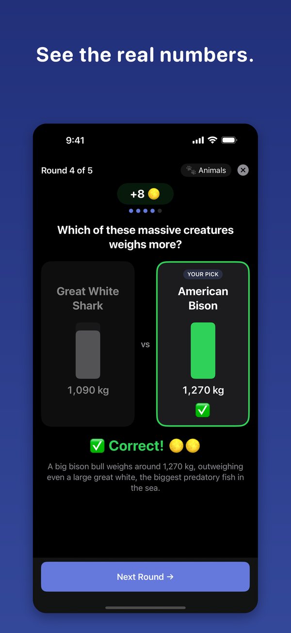 See the real numbers: the reveal shows both values and a fun fact.